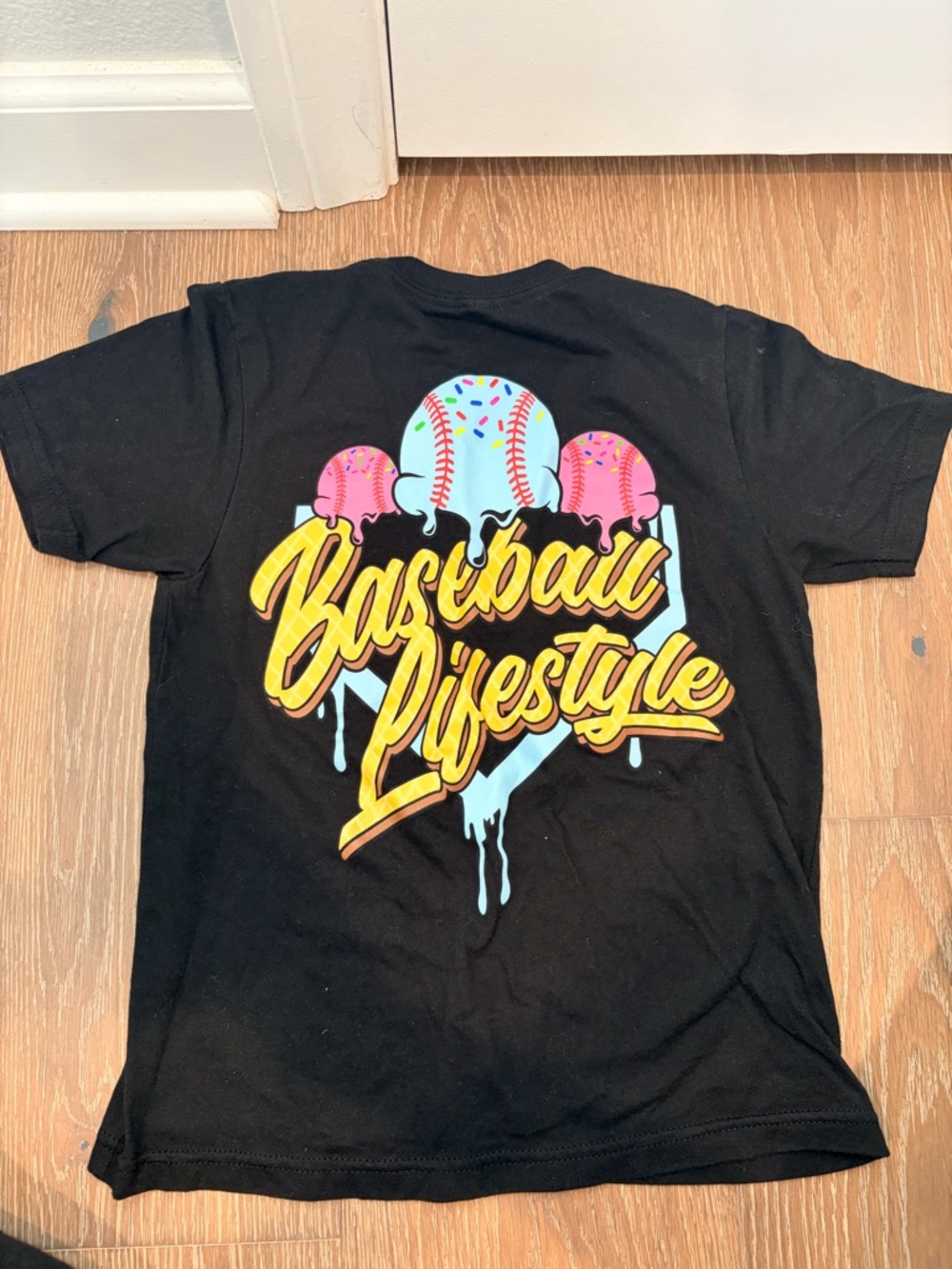 Baseball Lifestyle Graphic Tee - Black with Yellow & Pink Design